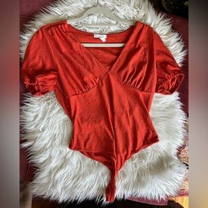 Abound Orange Embroidered Eyelet Bodysuit | Size L | Puff Sleeve V-Neck Thong